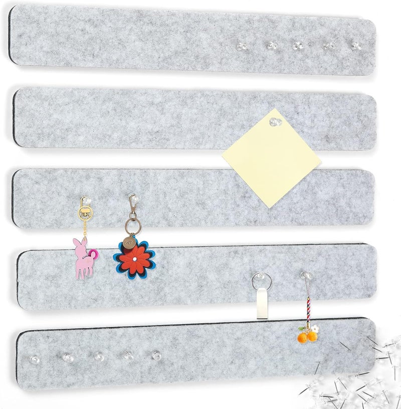 Arlasuo 5 Pack Felt Pin Board Bar Strips Bulletin Board for Bedrooms Offices Home Wall Decoration, Notice Board Self Adhesive Cork Board with 35 Push Pins for Paste Notes, Photos, Schedules (Grey) - Image 1